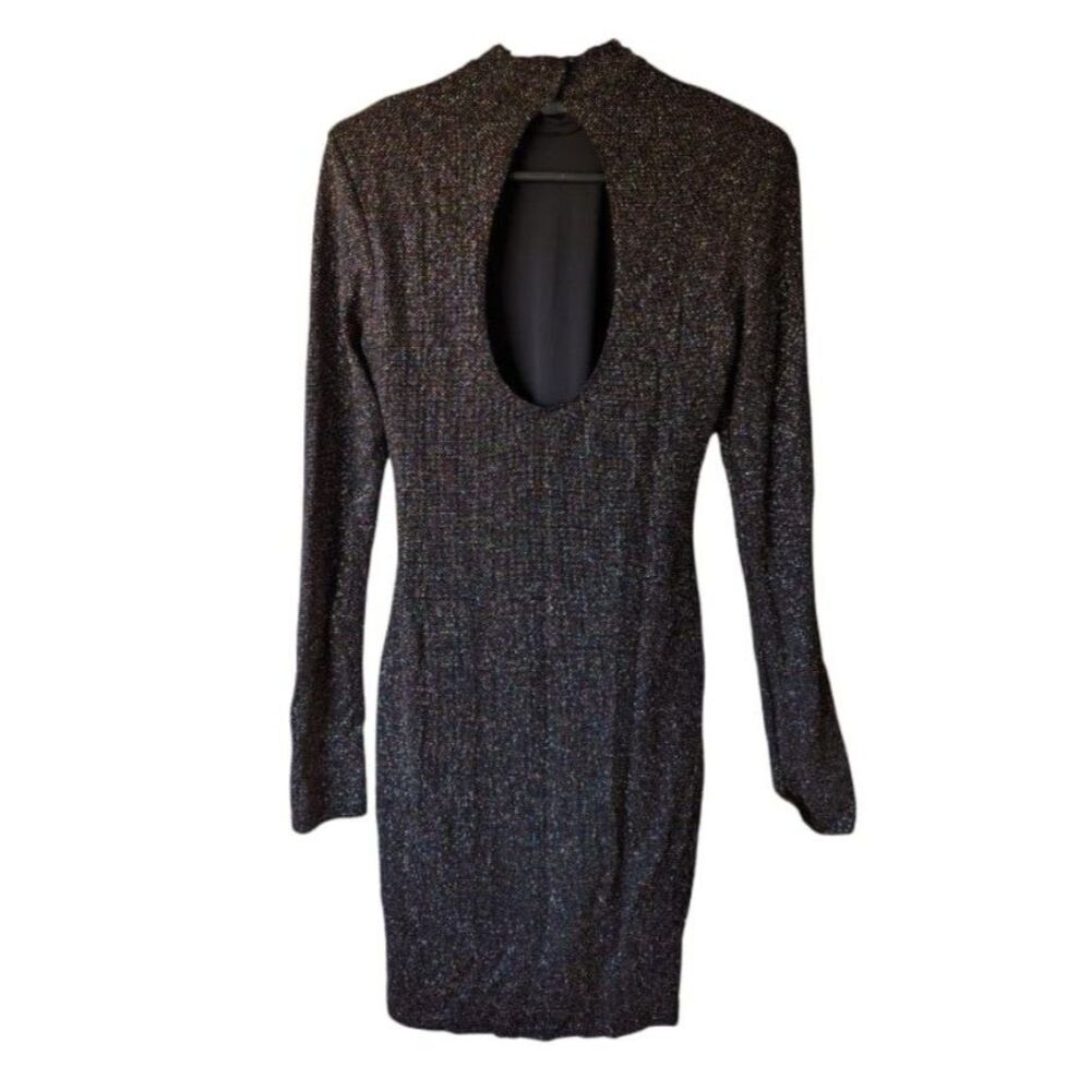 Black Metallic Sexy Long Sleeve Mini Dress with Keyhole Back